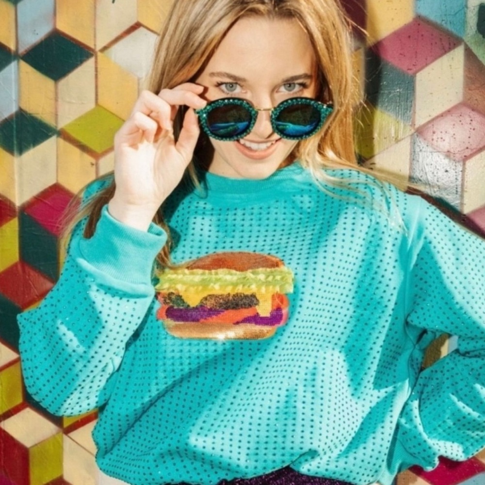 Queen of Sparkles Teal Sweatshirt with Burger Design EUC
